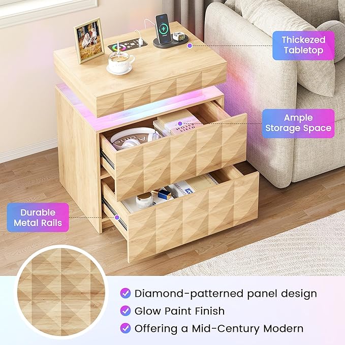 LED Nightstand with Charging Station,3 Drawers Night Stand with Lockable Hidden Storage,Smart Bedside Table with Human Sensor RGB Lights for Bedroom,Wood
