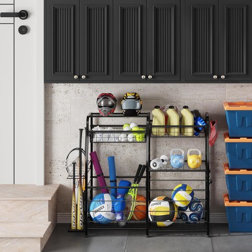 Garage Sports Equipment Organizer - Mobile Ball Storage Rack with Elastic Rope | Indoor/Outdoor Gear Storage, Black