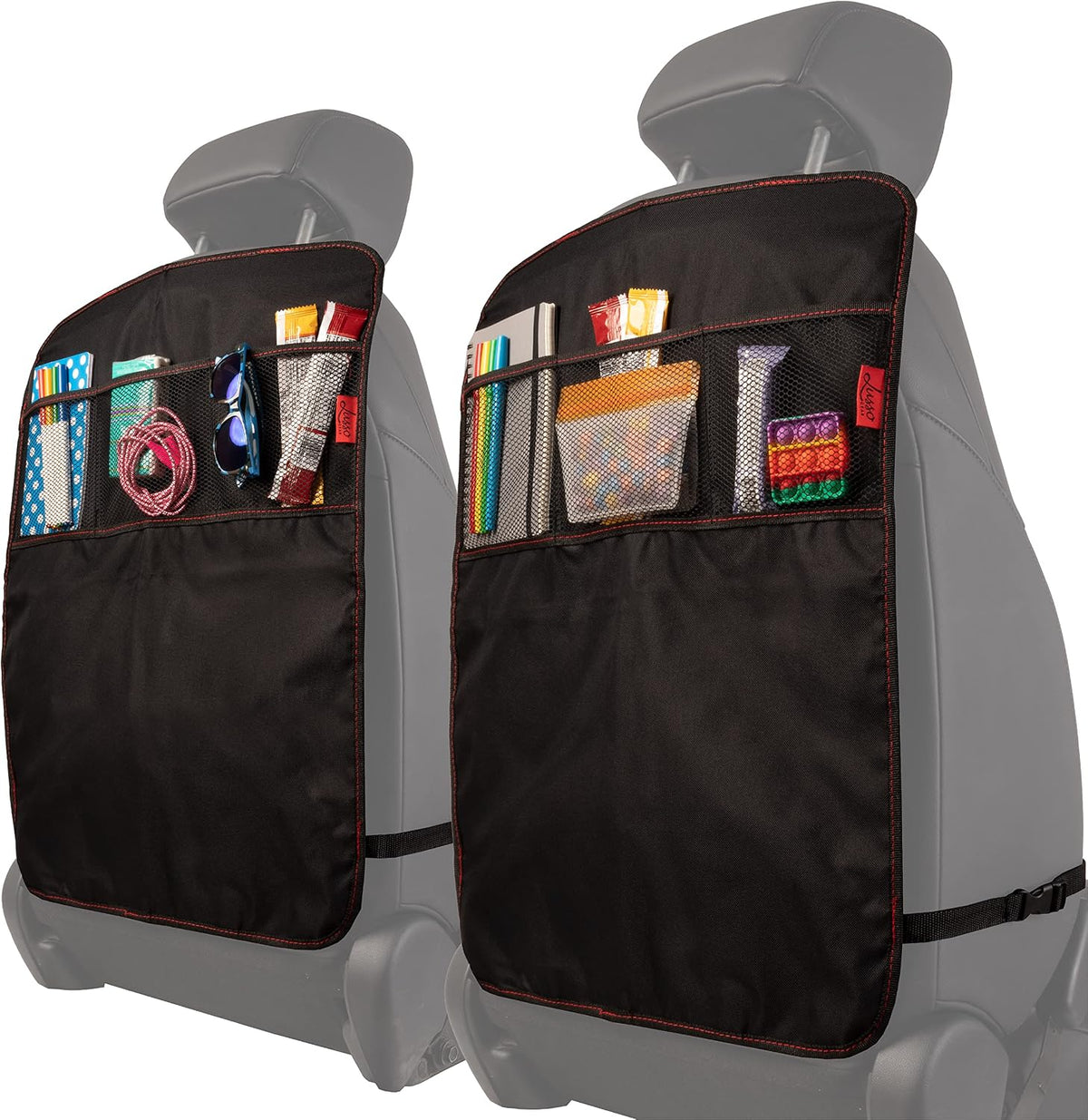 Lusso Gear Kick Mats (2 Pack) - Car Seat Back Protectors, Premium Waterproof Fabric, Reinforced Corners to Prevent Sag, and 4 Mesh Pockets for Large Storage (Tan)
