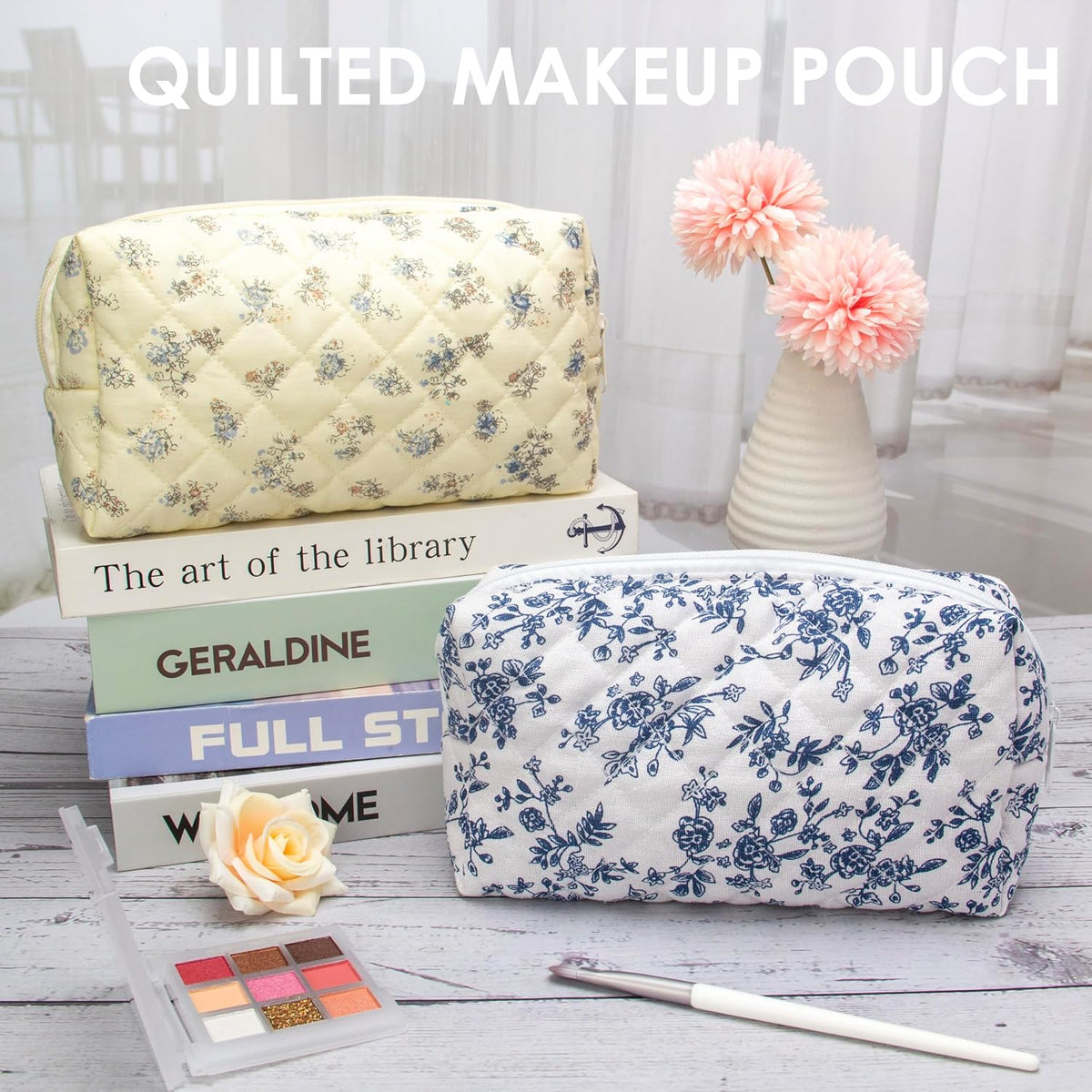 PAZIMIIK Small Quilted Makeup Bag,Zipper Cosmetic Pouch,Jouy Blue,6 Pack