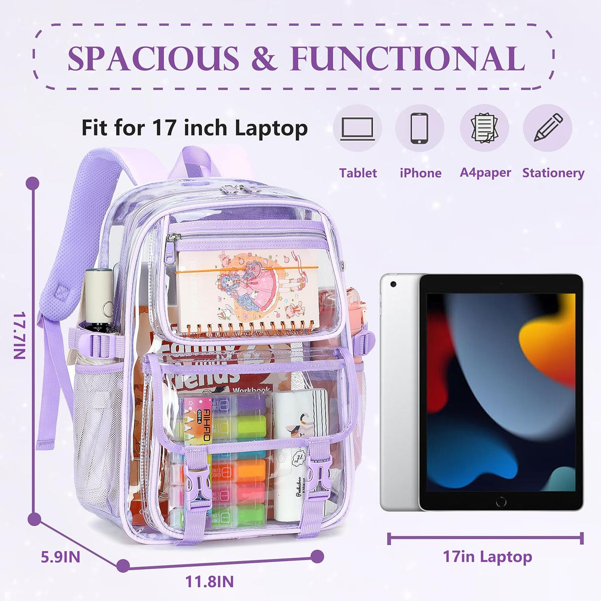 Skiennix Large Clear Backpack - Heavy Duty PVC for 16-Inch Laptops | Transparent Design for School & Travel - Purple