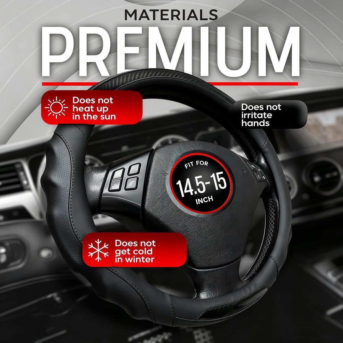 Leather Car Steering Wheel Cover, 14.5-15Inch Anti-Slip Steering Wheel Cover, Universal for Cars Truck SUV, Car Accessories (Black - Black line)