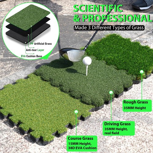 GAIARENA Tri-Turf Golf Hitting Mat Premium Indoor/Outdoor/Backyard Golfing Practice Mat for Home Golf Simulators, Thick EVA Foam Base & Tri-Turf Tiles Rough Driving Course Grass, Gift for Avid Golfers