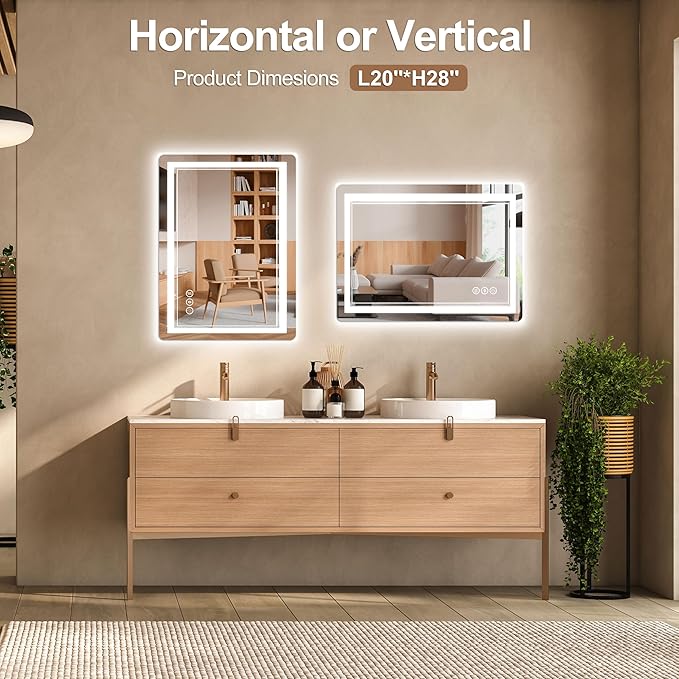 20"x 28" LED Bathroom Mirror with Front and Backlight, Bathroom Vanity Mirror with 3 Color Adjustable, Stepless Dimmable Light, Anti-Fog, Memory Function, Vanity Mirror for Wall(Horizontal/Vertical).