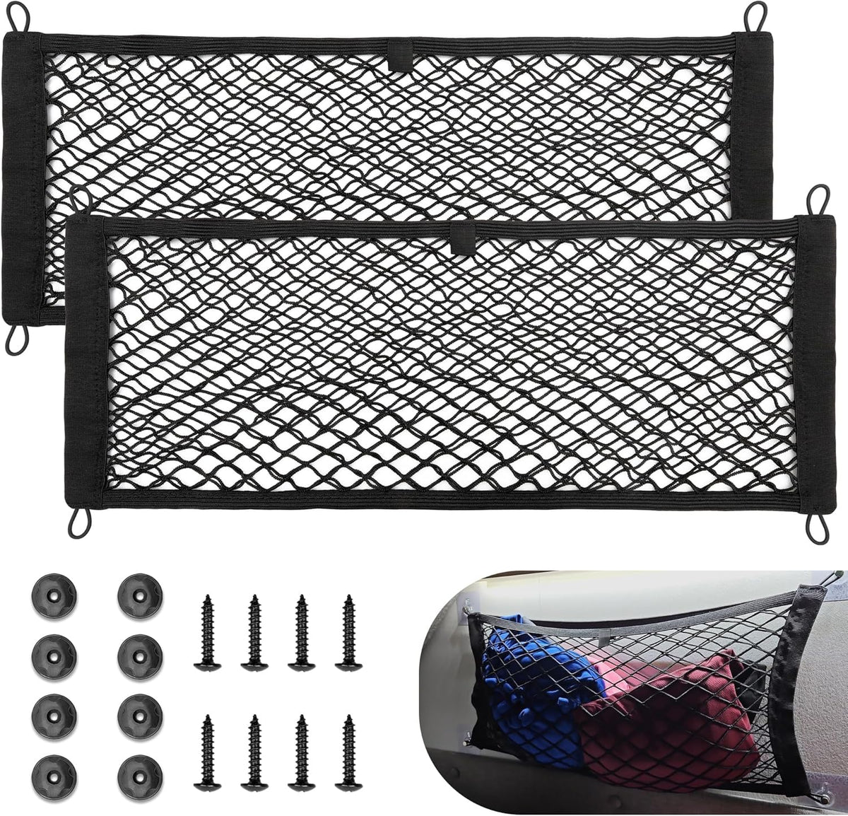 RED WOLF 2 Pcs Small Cargo Net Pocket Elastic Mesh Netting Car Mesh Pouch for Trunk RV Boats Home Cargo Storage with Screws and Hooks (17.7'' x 9.8'')