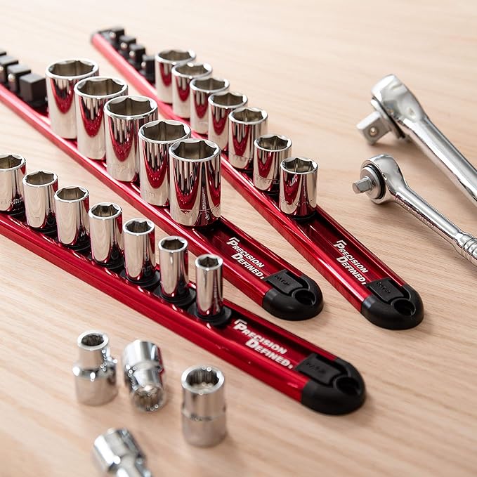 Precision Defined Aluminum Tool Socket Holder 3-Piece Set | Red, 1/4-Inch x 16 Clips, 3/8-Inch x 16 Clips, 1/2-Inch x 14 Clips | 360 Rotation - Heavy Duty Socket Rails Organizer, Socket Storage