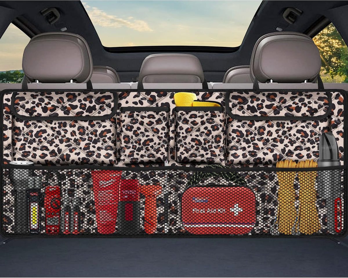 Femuar Car Trunk Organizer,Large Capacity Backseat Trunk Organizer(42"*18"),Collapsible Car Storage Bag with 8 Pocekt,SUV/MPV/Truck - Cow print