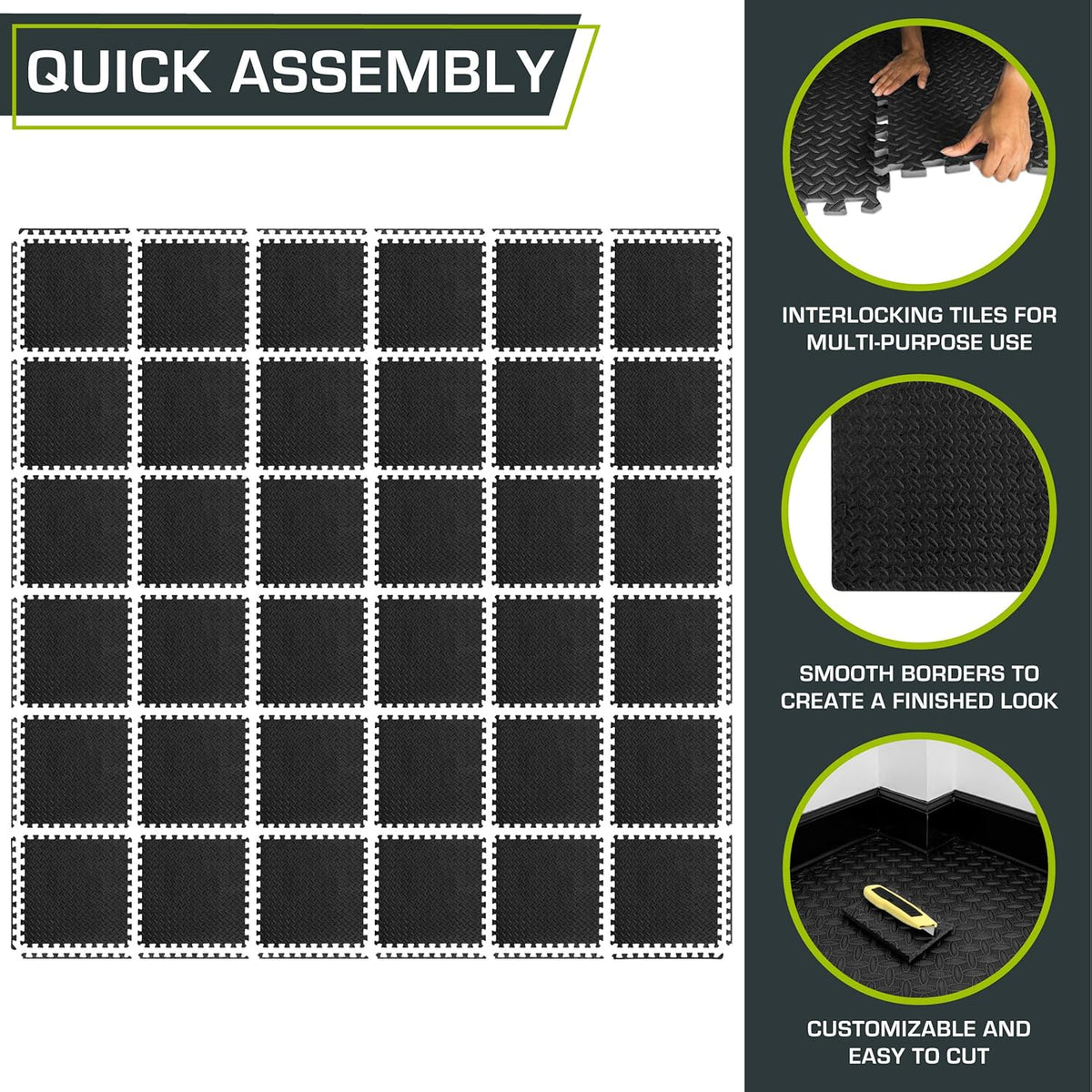 ProsourceFit Puzzle Exercise Mat - Water-Resistant EVA Interlocking Foam Tiles | 24" x 24" | Black, 144 Sq Ft (36 Tiles)