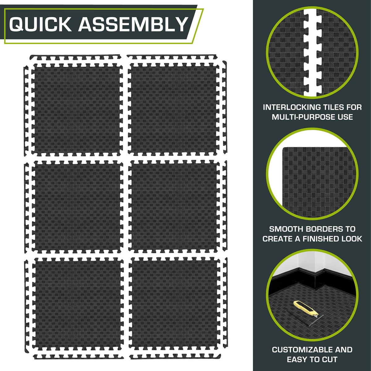 ProsourceFit Exercise Puzzle Mat - ½-Inch Checkered EVA Foam Tiles | Non-Slip, Shock Absorbing, Waterproof Gym Flooring, Black