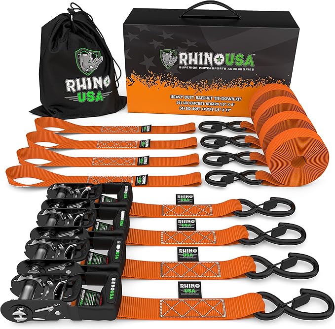 Rhino USA Ratchet Straps Heavy Duty Kit (4-Pack) - 1.6 Inch x 8 Feet Min Break Strength (5,000) - Ultimate Tie Down Straps with Safety S Hooks for Trucks, ATV, UTV, Motorcycle, Cargo & More - Orange