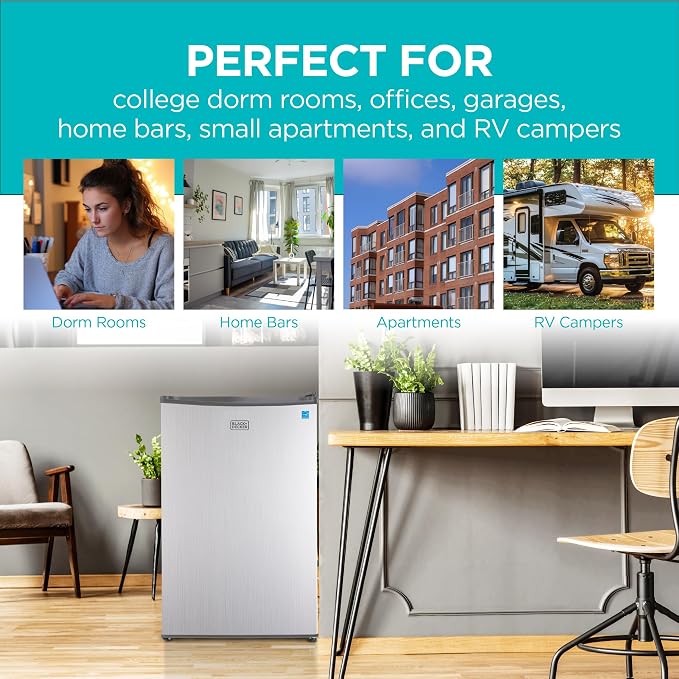 BLACK+DECKER 4.3 Cu. Ft. Compact Refrigerator, BCRK43V, Stainless Look | Energy Star Certified Small Refrigerator, Single Door Mini Fridge with Chiller Compartment, Personal Fridge for Home or Dorm
