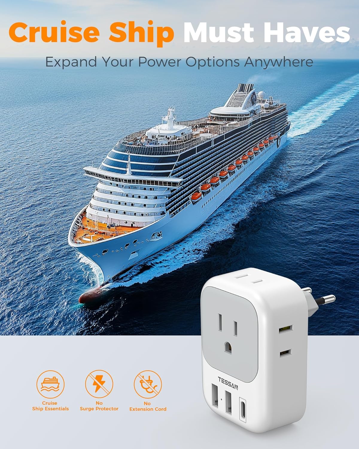 TESSAN European Plug Adapter - 4 Outlets & 3 USB Ports | Type C Travel Charger for Italy, Spain, France, Germany