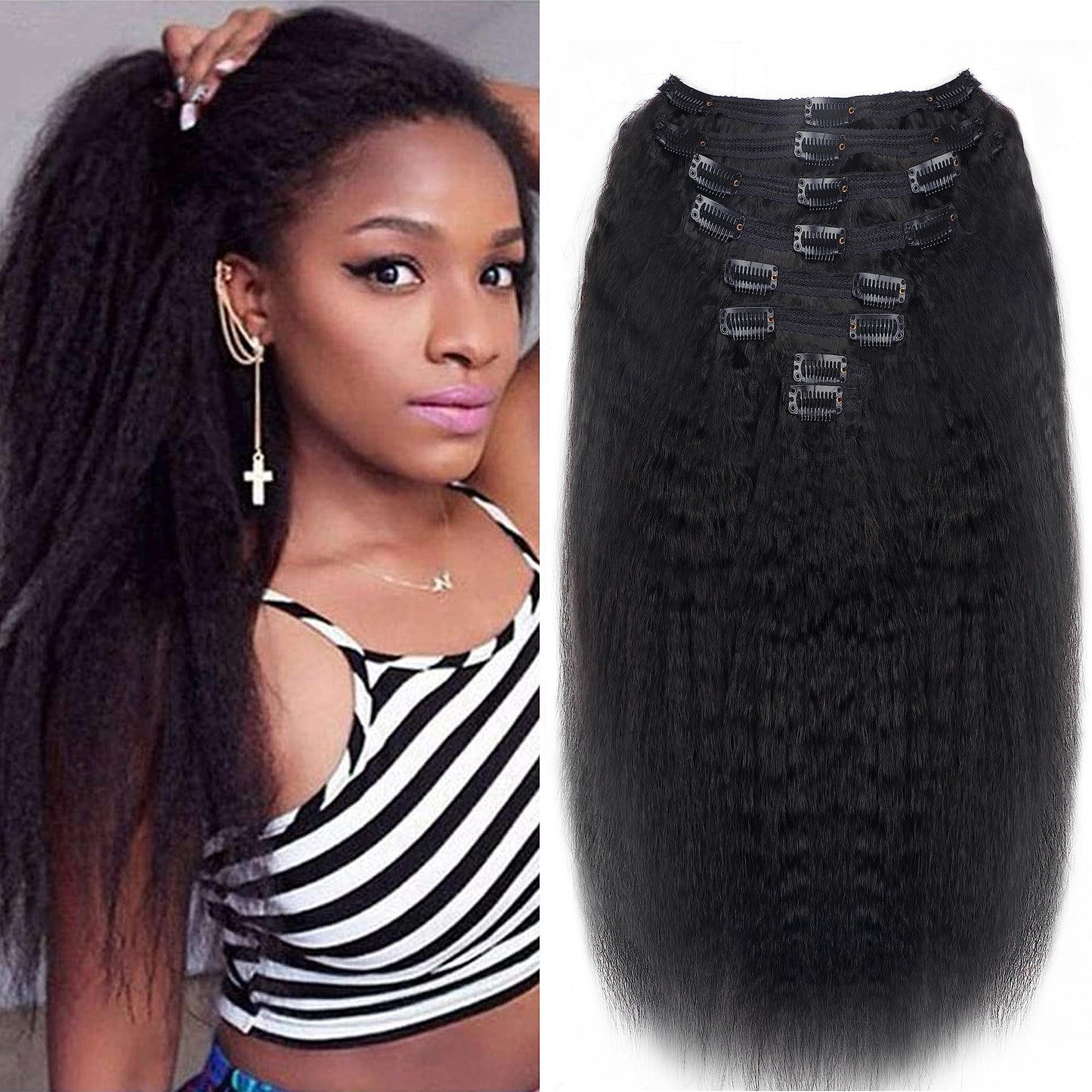 Mihugass Clip In Hair Extensions Real Human Hair Clip Ins Double Weft Kinky Straight Clip Ins For Women 120G 8Pcs Clip On Hair E