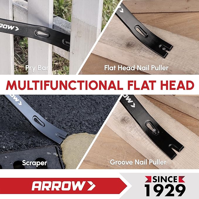 ARROW 12" Pry Bar & Nail Puller Heavy-Duty Carbon Steel, Flat Bar Crowbar with Rust-Resistant Forged Design - Multi-Purpose Tool for Prying, Lifting, Scraping