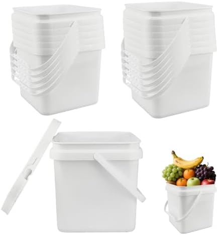 12 Pcs 1 Gallon Square Bucket with Lid Duty Plastic 5L Stackable Multipur Pose Buckets with Handle Suitable for Food Storage Car Wash Paint Bucket for Fishing Household Cleaning（White）