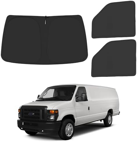 Front Windshield ＆ Side Window Sun Shade for 1992-2025 Fo-rd E-Series E-150 E-250 E-350 E-450 Van Motorhome, Foldable Window Sunshade Sun Visor Protector Blocks UV Rays Heat, Pack of 3