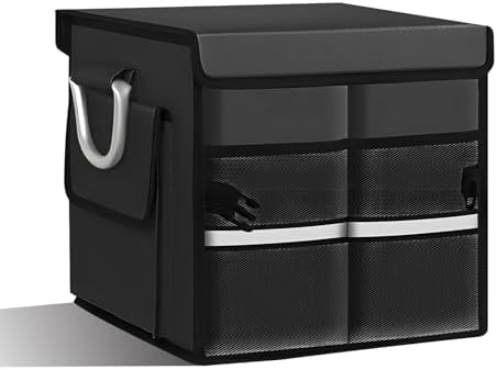 Car Trunk Organizer with Lid, 28L 2-Compartment Collapsible Trunk Cargo Storage Box, Waterproof Oxford Vehicle Backseat Storage Organizer with Base Plate & Metal Handle, Car Accessories (Black)