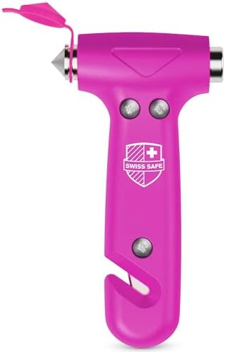 Swiss Safe 5-in-1 Emergency Car Safety Hammer – Car Window Breaker &amp; Seatbelt Cutter, Heavy-Duty Escape Tool for Vehicle Emergencies and Auto Kits – Pink, 1 Pack