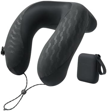 BENEUNDER Travel Neck Pillow for Airplane, Inflatable Compact 360°Head Support Pillow, Comfortable Breathable Cover for Travel, Train,Car with Storage Bag, Black