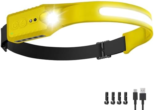 Nessciera Rechargeable LED Headlamp, 400 Lumens, 230° Wide Beam, USB-C, 5 Modes — Lightweight, Adjustable Headband; Hard Hat Clips for Camping, Hiking, Running, Repairs & Gift (1, Yellow)