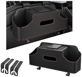 Car Seat Back Organizer, 3-in-1 Vehicle Backseat Storage Box with Cup Holder Tissue Box Trash Bin & Hooks, Multifunctional Auto Interior Headrest Organizer, Universal for SUV RV Truck (Black)