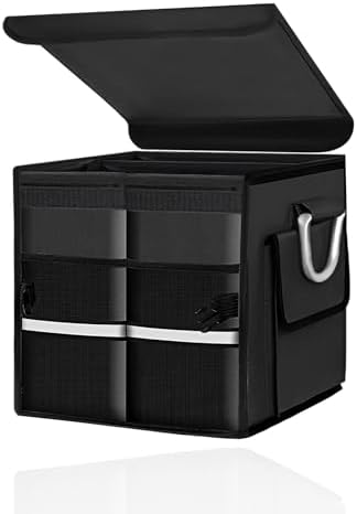 Car Trunk Organizer with Lid, 28L Collapsible Oxford Auto Storage Organizer with Reflective Strip & Handle, Multi-Purpose 2-Compartment Cargo Container for Cars SUVs Trucks (Black)