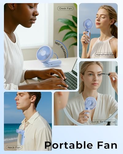 TUNISE Portable Handheld Fan, Portable Fan Rechargeable, 4000mAh, 180° Adjustable, 6 Speed Wind, Display Electricity in Real Time, USB Rechargeable Foldable Fan, Quiet Personal Fan as Power Bank