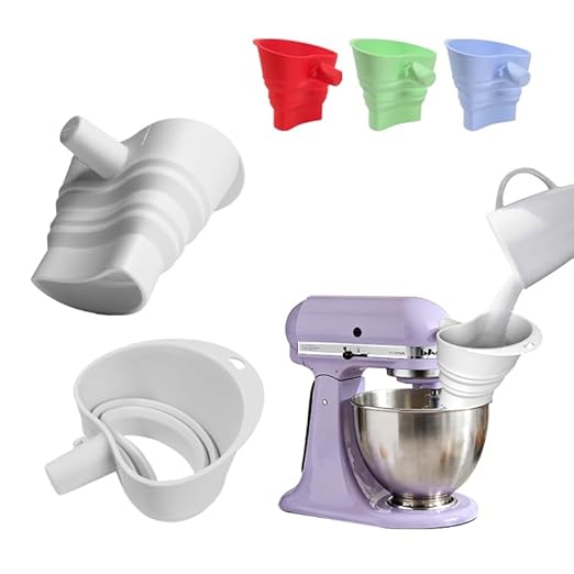 Flour Funnel for Kitchen Aid&Cream Scraper Set, Silicone Food-Grade | Stand Mixer | Leak-Proof Large Capacity Collapsible Design (red, Ordinary * 1 + Extended * 1 + Cream Scraper Set)