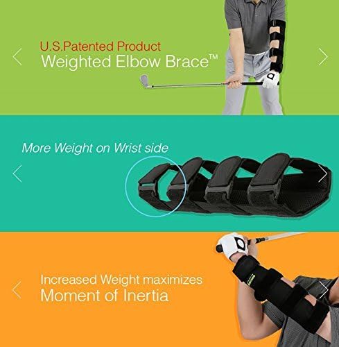 U.S. Patented Weighted Elbow Brace - Shoulder Turn & Straight Arm Golf Swing Trainer Increasing Moment of Inertia Force (Rigid, 2 lb)