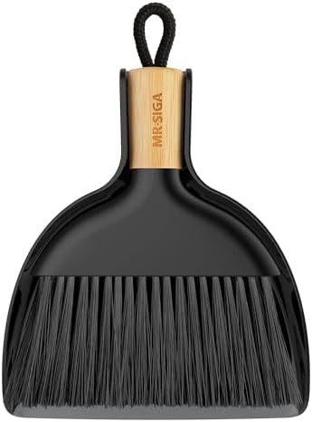 MR.SIGA Mini Dustpan and Brush Set, Portable Cleaning Brush and Dustpan Combo with Bamboo Handle, Black, 1 Set
