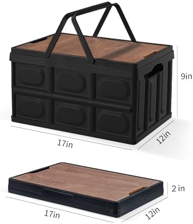 Collapsible Storage Bins Box with Lids and Handle, 30L Portable Plastic Storage Crate Containers Totes, Instacrate Stackable Foldable Camping Basket Supplies for Camp Fishing Car RV, Office (Black)