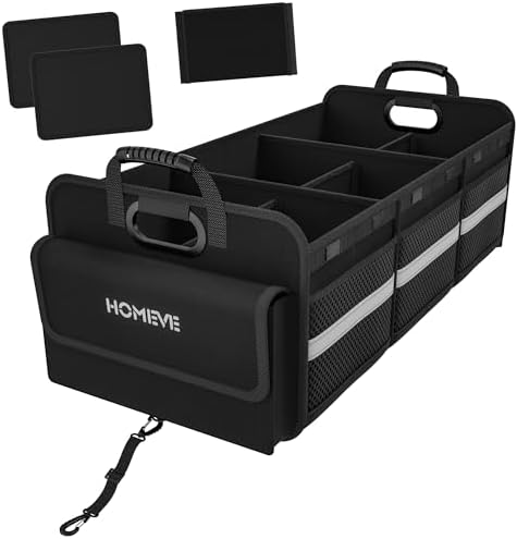 Homeve Trunk Organizer, Car Storage, Reinforced Handles, Collapsible Multi-Compartment, Foldable, Waterproof, Sturdy, 600D Oxford Polyester For Car, SUV, Mini-Van, Black, 3 Compart