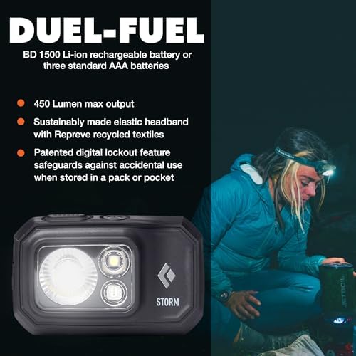 BLACK DIAMOND Storm 450 Headlamp, AAA Powered, Dimmable, Bright, BD Black