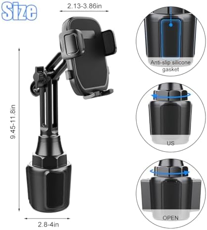 Car Cup Phone Holder, 360° Rotation with Long & Adjustable Neck