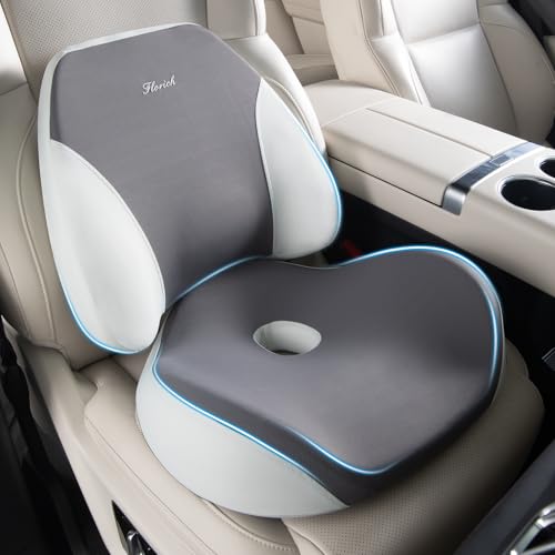 FLORICH Lumbar Support Pillow and Car Seat Cushion for Driving Car Office Chair, Memory Foam Back Support Pillow and Office Seat Chair Cushion for Sciatica Pain Relief - Gray