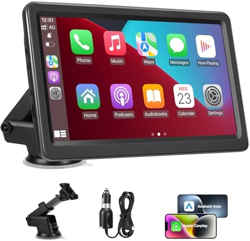 Carplay Screen for Car, 7" Wireless Carplay & Android Auto, Portable HD Touchscreen with Mirror Link, GPS Navigation, Voice Control, Hands-Free Calling, Bluetooth/AUX/FM, Plug & Play Car Play Screen