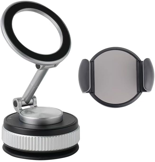 [Newly Upgraded] Metal Magnetic Car Phone Holder | Dual Insurance of Vacuum + Adhesive | 360° Rotation Without Dead Angle | Magnetic Ring Included‌(for iPhone & Android) (Gray+Clip)