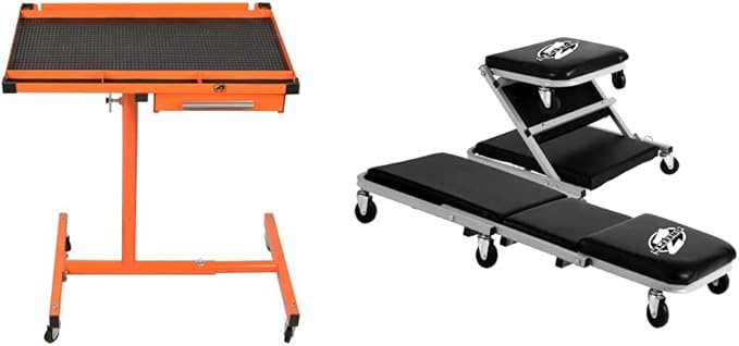 Eisen® ES8 Heavy Duty Adjustable Work Table with Drawers, Rolling Tool Tray with Wheels of 220lbs Capacity and Pro-Lift C-2036D Grey 36" Z-Creeper Seat , Black