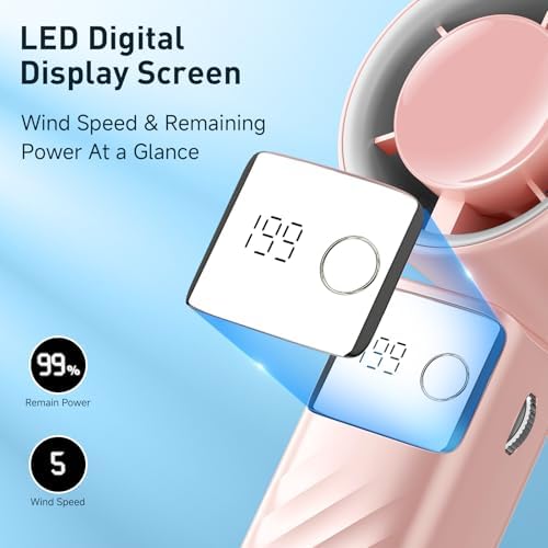 YOSHENMO Portable Handheld Turbo Fan - Foldable Mini Fan with Air Turbo Tech, 1-199 Speed Adjustment, 20H Runtime, LED Display, Battery-Powered for Indoor/Outdoor Use Nude Pink