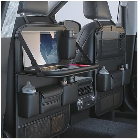 Primst 2 Pack Leather Car Backseat Organizer with Foldable Table Tray, Car Storage Organizer with Tablet Holder, Car Seat Back Protectors Kick Mats Travel Accessories