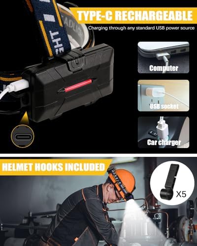 Rechargeable Headlamp, 8 LED Headlamp Flashlight 18000 Lumen 8 Modes with White Red Lights USB Cable, Waterproof Head Lamp for Outdoor Camping Cycling Running Fishing