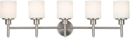 Design House Aubrey 5-Light Vanity Light, Satin Nickel Finish, Frosted Glass Shades, Dimmable, Bathroom Wall Fixture – Design House, 556225