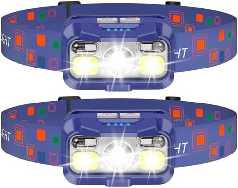LHKNL Headlamp Rechargeable, Lumen Super Bright Motion Sensor Head Lamp Flashlight,2-Pack Waterproof LED Headlight with White Red Light,8 Modes Head Lights for Camping Cycling Running Fishing-Blue