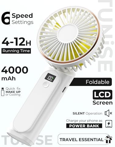 TUNISE Portable Handheld Fan, Portable Fan Rechargeable, 4000mAh, 180° Adjustable, 6 Speed Wind, Display Electricity in Real Time, USB Rechargeable Foldable F an, Quiet Personal Fan with Power Bank