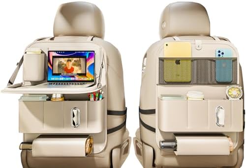 XDV Car Seat Organizers,Multi-functional Back Seat Protectors, Storage Pouches, Child kicking prevention and Tray Holders (for Cars, Kids, Seat Back and Rear Seats) (Beige, 2 Pcs)