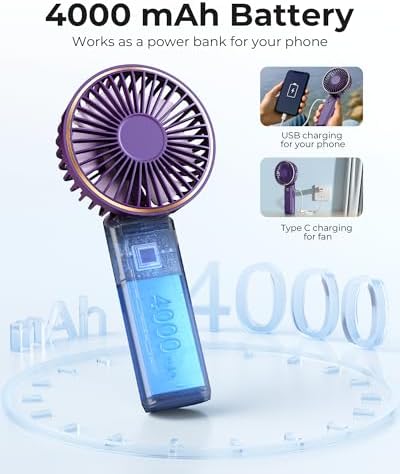 TUNISE Portable Handheld Fan, 4000mAh, 180 Adjustable, 6 Speed Wind, USB Rechargeable Foldable Fan with Real-Time Electricity Display