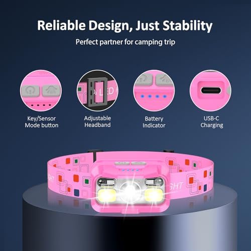 LHKNL Headlamp Rechargeable, Lumen Super Bright Motion Sensor Head Lamp Flashlight,2-Pack Waterproof LED Headlight with White Red Light,8 Modes Head Lights for Camping Cycling Running Fishing-Pink