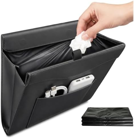 Car Trash Can, Magnetic Leather Seat Back Organizer with Storage Pocket,
