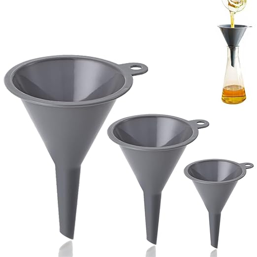 Plastic Kitchen Funnel Set of 3, Round Kitchen Funnels for Filling Bottles, Multifunctional Small Medium and Large Sizes for Canning, Lab or Car Oil Use (Gray)