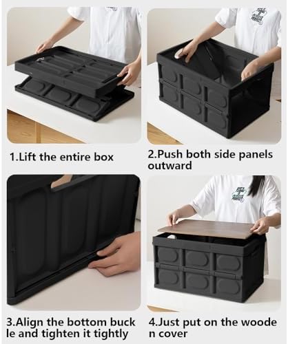 Collapsible Storage Bins Box with Lids and Handle, 30L Portable Plastic Storage Crate Containers Totes, Instacrate Stackable Foldable Camping Basket Supplies for Camp Fishing Car RV, Office (Black)